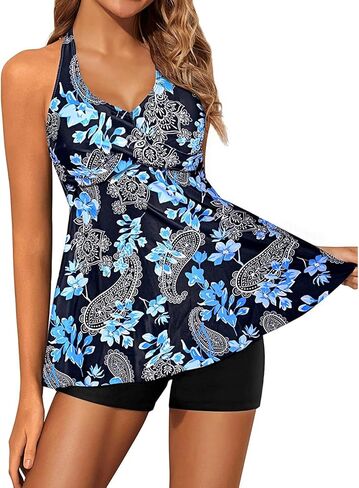 Yonique Two Piece Tankini Swimsuits for Women with Shorts Halter V Neck Bathing Suits Flowy Twist Front Swimwear in Kuwait
