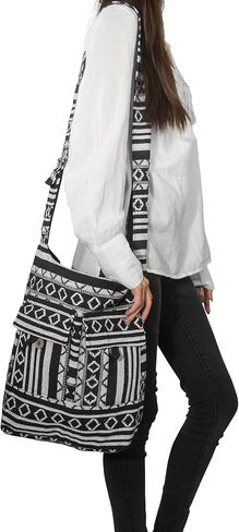 حقيبة كتف نسائية من ترايب أزور التجارة العادلة منسوجة مصنوعة يدوياً بحمالة بحمالة عادية، كبيرة، أسود/أبيض in Kuwait
