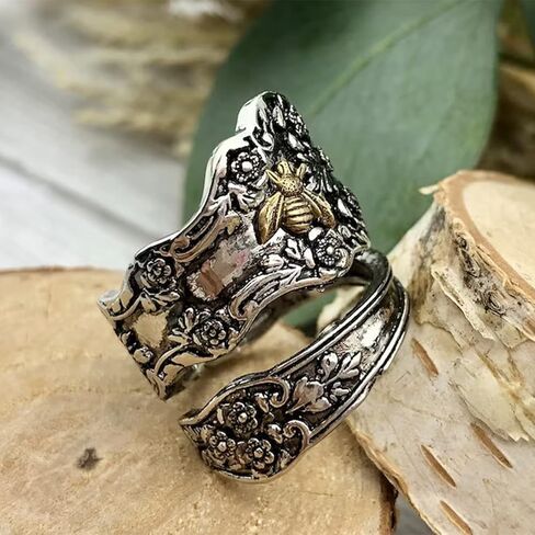 100% Apollo Spoon Rings for Women Queen Bee Flower Vintage Silver Open Adjustable Boho Statement Victorian Spoon Ring Bug Thumb Jewelry (8) in Kuwait