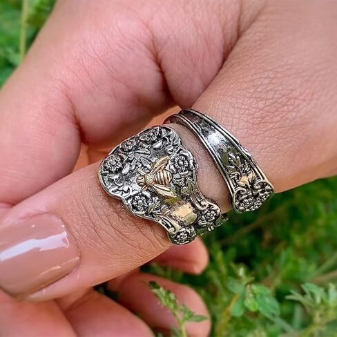 100% Apollo Spoon Rings for Women Queen Bee Flower Vintage Silver Open Adjustable Boho Statement Victorian Spoon Ring Bug Thumb Jewelry (8) in Kuwait