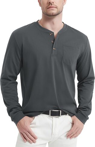تي شيرت رجالي من MAGCOMSEN بأكمام طويلة من Henley تي شيرت بجيب تي شيرت للرجال من القطن Henley كاجوال بزر بلاكيت ملابس يومية in Kuwait