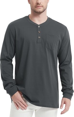 تي شيرت رجالي من MAGCOMSEN بأكمام طويلة من Henley تي شيرت بجيب تي شيرت للرجال من القطن Henley كاجوال بزر بلاكيت ملابس يومية in Kuwait