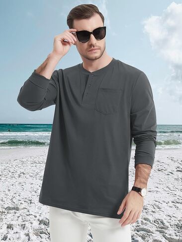 تي شيرت رجالي من MAGCOMSEN بأكمام طويلة من Henley تي شيرت بجيب تي شيرت للرجال من القطن Henley كاجوال بزر بلاكيت ملابس يومية in Kuwait