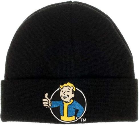 Bioworld Fallout Vault Boy Thumbs Up Embroidered Patch Cuff Beanie Black in Saudi Arabia