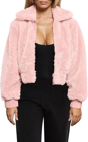 FANCYINN Womens Teddy Cropped Faux Fur Jacket Furry Lapel Coat Zip Up with Pockets Warm Winter in Saudi Arabia