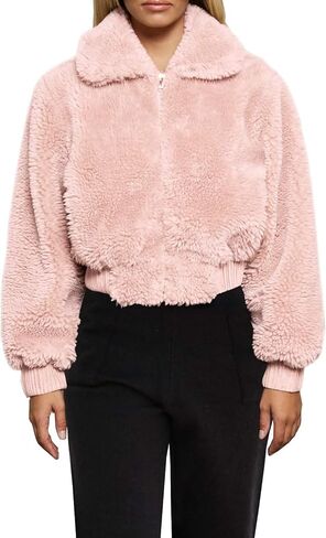 FANCYINN Womens Teddy Cropped Faux Fur Jacket Furry Lapel Coat Zip Up with Pockets Warm Winter in Saudi Arabia