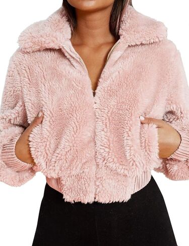 FANCYINN Womens Teddy Cropped Faux Fur Jacket Furry Lapel Coat Zip Up with Pockets Warm Winter in Saudi Arabia