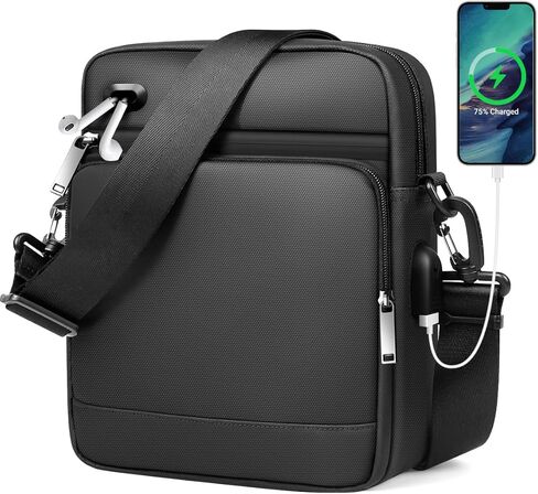شنطة كتف كروس مضادة للسرقة للرجال 11.3 انش، شنطة صدر جانبية مقاومة للماء مع شاحن USB، شنطة كتف كاجوال خفيفة الوزن للعمل والسفر للرجال, أسود in Kuwait