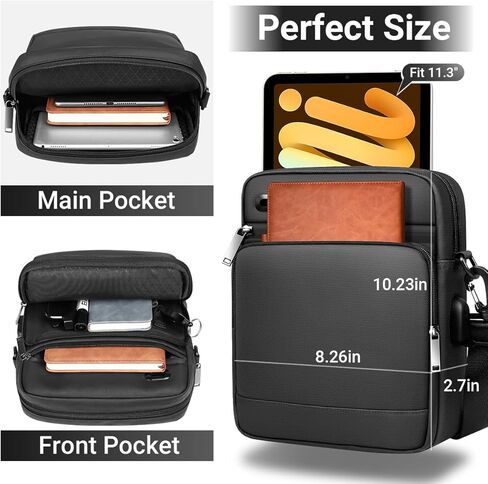 شنطة كتف كروس مضادة للسرقة للرجال 11.3 انش، شنطة صدر جانبية مقاومة للماء مع شاحن USB، شنطة كتف كاجوال خفيفة الوزن للعمل والسفر للرجال, أسود in Kuwait