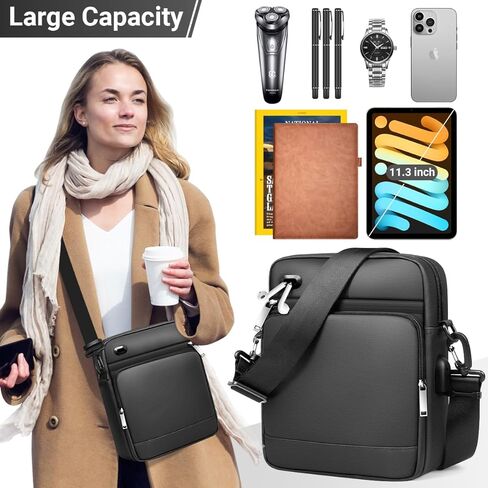 شنطة كتف كروس مضادة للسرقة للرجال 11.3 انش، شنطة صدر جانبية مقاومة للماء مع شاحن USB، شنطة كتف كاجوال خفيفة الوزن للعمل والسفر للرجال, أسود in Kuwait