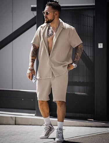 AstoSeu Men's Shirt and Shorts Set Short Sleeve Casual Button Down Summer Outfits in Kuwait