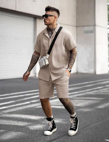 AstoSeu Men's Shirt and Shorts Set Short Sleeve Casual Button Down Summer Outfits in Kuwait