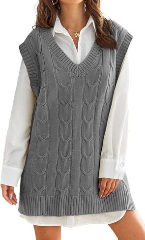 Aiopr Womens Oversized Sweater Vest V Neck Sleeveless Cable Knit Pullover Jumpers Tops in Kuwait