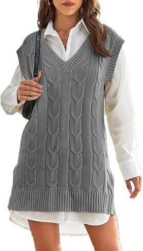 Aiopr Womens Oversized Sweater Vest V Neck Sleeveless Cable Knit Pullover Jumpers Tops in Kuwait