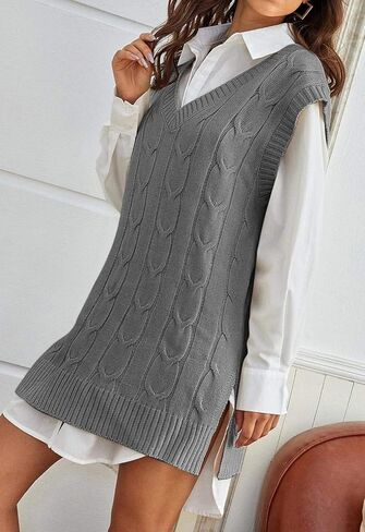Aiopr Womens Oversized Sweater Vest V Neck Sleeveless Cable Knit Pullover Jumpers Tops in Kuwait