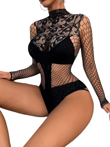 FasiCat Women Sexy Lace Flexible Fishnet Teddy Lingerie Mesh Bodysuit Mini Dress in Kuwait