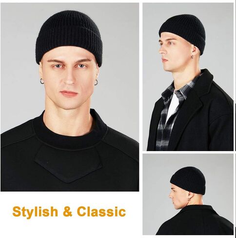 3 Pack Wool Fisherman Beanies for Men, Short Knit Watch Cap Cuffed Trawler Hats in Kuwait