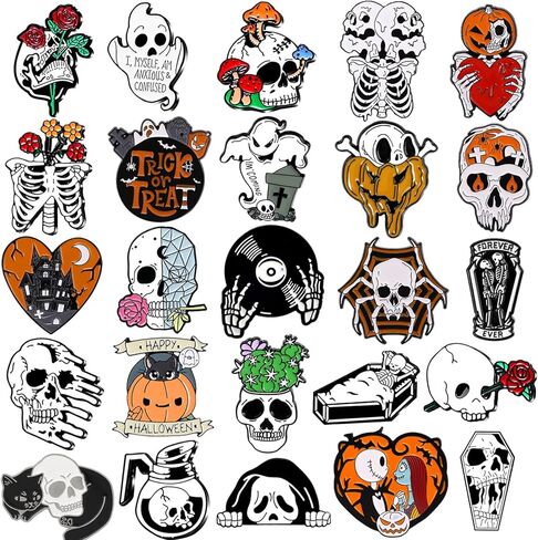25 Pcs Halloween Enamel Pins for Backpack, Cute Lapel Enamel Pins Anime Cat Skull Spooky Skeleton Enamel Pins Set Punk Horror Goth (25 pcs) in Kuwait