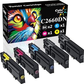(5-Pack, 2BK, 1C, 1M, 1Y) Colorprint Compatible Toner Cartridges Replacement for Dell C2660dn 2660DN C2665dnf 2665dnf C2660 Black 593-BBBU Cyan 593-BBBT Magenta 593-BBBS Yellow 593-BBBR Laser Printer in Kuwait