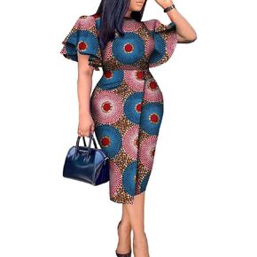iooiooi African Dresses for Women Butterfly Sleeve High Waist Knee-Length Elegant Dress in Kuwait