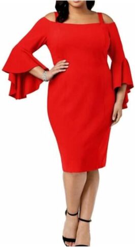 Calvin Klein Women's Plus Size Solid Sheath with Chiffon Bell Sleeves Dress in Saudi Arabia