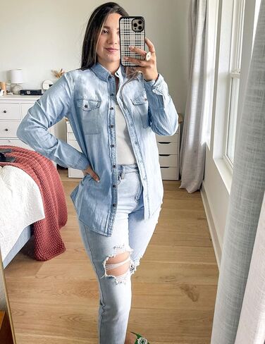 luvamia Denim Shirt Women Chambray Jean Western Shirts Long Sleeve Button Down Tops in Saudi Arabia