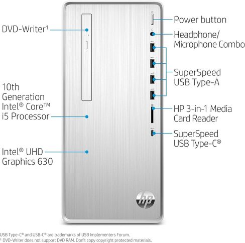 HP Pavilion Desktop, 10th Gen Intel Core i7-10700 Processor, 16 GB RAM, 1 TB hard drive + 256 GB SSD, Windows 10 Home (TP01-1070, Silver) in Saudi Arabia