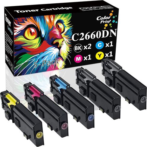 (5-Pack, 2BK, 1C, 1M, 1Y) Colorprint Compatible Toner Cartridges Replacement for Dell C2660dn 2660DN C2665dnf 2665dnf C2660 Black 593-BBBU Cyan 593-BBBT Magenta 593-BBBS Yellow 593-BBBR Laser Printer in Kuwait