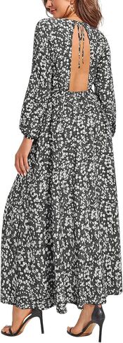 فستان LAISHEN نسائي طويل رسمي مزين بالورود وأكمام طويلة ورقبة دائرية بدون ظهر للحفلات in Kuwait