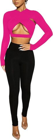 Remidoo Women's Cut Out Crisscross Wrap Front Long Sleeve Crop Top T Shirt in Saudi Arabia