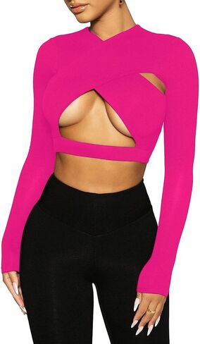 Remidoo Women's Cut Out Crisscross Wrap Front Long Sleeve Crop Top T Shirt in Saudi Arabia