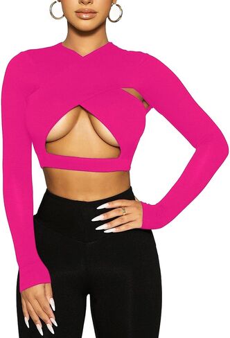 Remidoo Women's Cut Out Crisscross Wrap Front Long Sleeve Crop Top T Shirt in Saudi Arabia