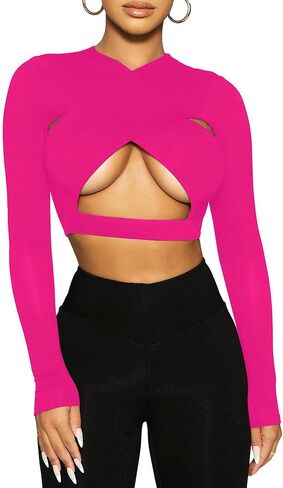 Remidoo Women's Cut Out Crisscross Wrap Front Long Sleeve Crop Top T Shirt in Saudi Arabia