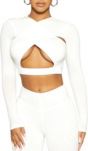 Remidoo Women's Cut Out Crisscross Wrap Front Long Sleeve Crop Top T Shirt in Saudi Arabia