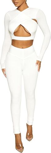 Remidoo Women's Cut Out Crisscross Wrap Front Long Sleeve Crop Top T Shirt in Saudi Arabia