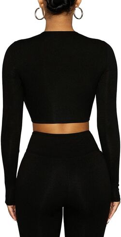 Remidoo Women's Cut Out Crisscross Wrap Front Long Sleeve Crop Top T Shirt in Saudi Arabia