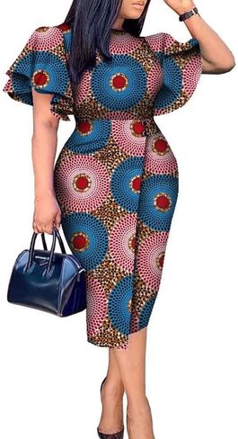iooiooi African Dresses for Women Butterfly Sleeve High Waist Knee-Length Elegant Dress in Kuwait