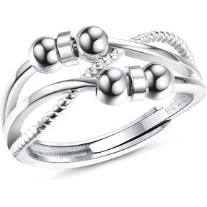 SAILIMUE 925 Sterling Silver Anxiety Ring For Women Men Fidget Rings For Anxiety Spinning Bead Adjustable Stacking Spinner Band Ring