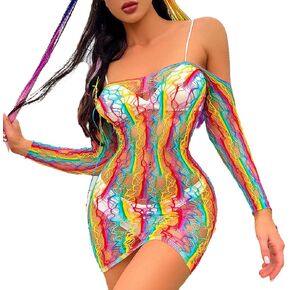 Eyret Rainbow Fishnet Bodystockings Mesh Fishnet Bodysuit Elastic Fishnet Lingerie Rave Party Bodysuit for Women and Girls