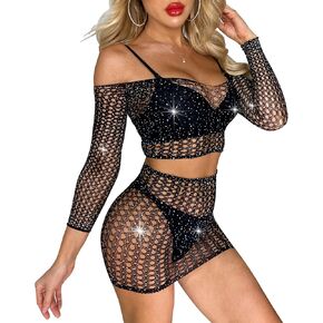 QCWQMYL Womens Lingerie Set Naughty Lace Fishnet BabyDoll Bodysuit Nightwear Teddy 2 Piece Suits in Kuwait