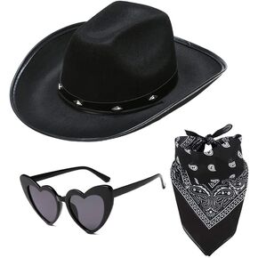 Black Cowgirl Hat with Heart Glasses & Bandana - Western Cowboy Hats Nashville Bachelorette Party - Halloween Fun Rodeo Party Costume Accessories in Kuwait