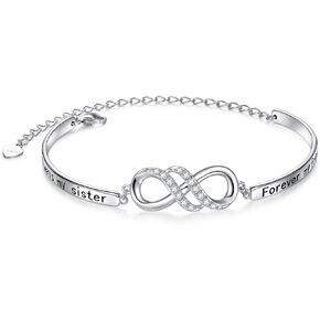 925 Sterling Silver Infinity Inspirational Bracelet With Message "Always My Sister, Forever My Friend", Adjustable Sisters Bracelets Friendship Jewelry for Women Girls Love Gifts for Mother Daughter Wife
