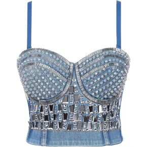 GOOHO Women's Bustier Crop Top Mesh Corset Top Push up Rhinestone Diamond Bra Club Party Vest