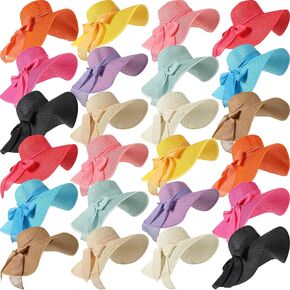 Tigeen 24 Pcs Sun Straw Hats for Women Bowknot Wide Brim 22.1-22.4 Inches Foldable Women's Floppy Hat Uv Protection UPF 50+ Summer Beach Cap for Girls Ladies, 12 Colors Multicolor in Kuwait