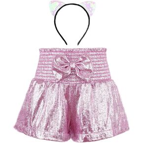 MODAFANS Girls Metallic Shorts Skirts Elastic High Waist Shiny Sparkly Sequin RaveHot Glitter Shorts with Party Headband in Kuwait