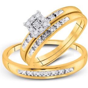 His and Hers Bridal Womens and Mens Engagment and Wedding Band Complete Trio Matching Wedding Rings Set 10K Yellow Gold Round Diamond Cluster 1/10 Cttw in Kuwait