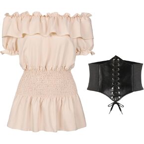 Women Renaissance Faire Costume Blouse Top Halloween Steampunk Medieval Victorian Peasant Pirate Shirt with Waist Belt in Kuwait