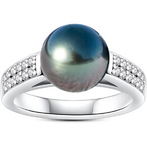 خاتم لؤلؤ تاهيتي أسود أصلي 9-10 مم، لآلئ منتقاة يدويًا بجودة AAA مع 0.36 قيراط مويسانيتي in18 خاتم فضة إسترليني مطلي بالذهب الأبيض in Kuwait