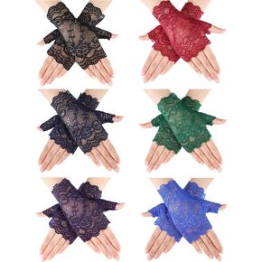 6 Pairs Women's Lace Gloves Fingerless Floral Gloves Short Fingerless Gloves for Bridal Wedding Opera Tea Party