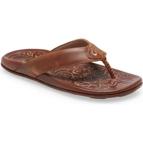 OLUKAI Mekila Men's Beach Sandals, Full-Grain Leather Flip-Flop Slides, Compression Molded Footbed & Comfort Fit, Enhanced Grip Soles